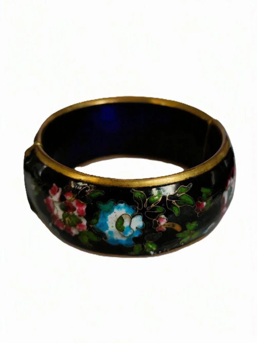 Vtg 60s Chunky Cloisonne Hinged Bangle Bracelet Heavy Brass Black Enamel 1.25